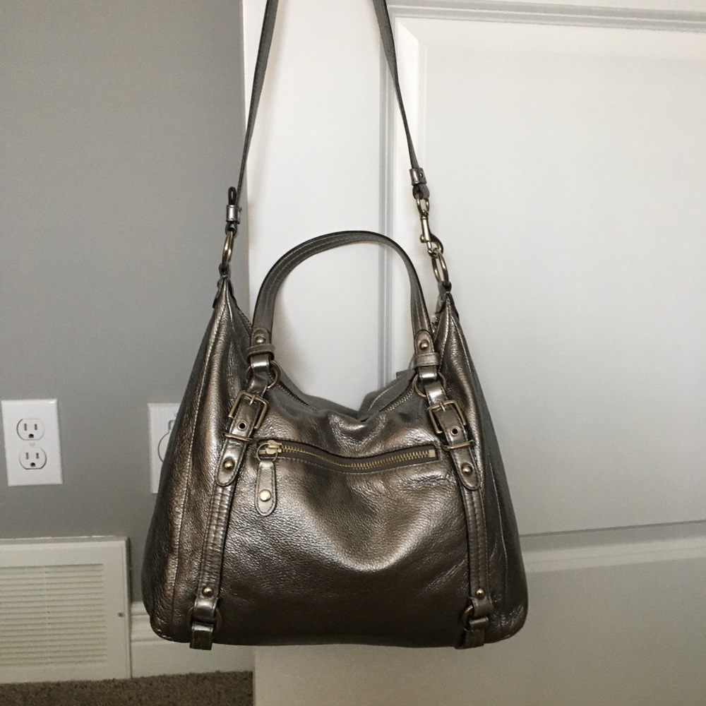 Coach dark silver pebble grain leather handbag